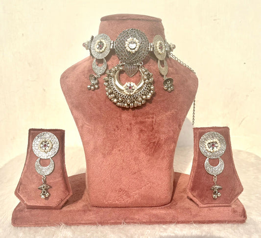 Silver 92.5 polished ghungroo choker set